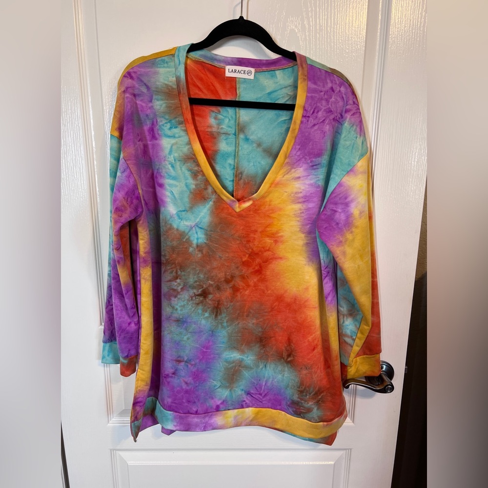 Tie Dye Long V Neck Tunic Sweatshirt 2X